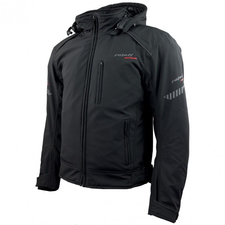 Roleff RO1513 - Schwarze Softshell Motorradjacke mit Hoodie