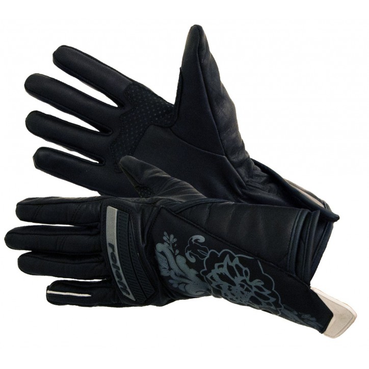 Roleff RO79 - Modischer, schwarzer Motorradhandschuh für Damen mit aufwändigem Blumenmuster