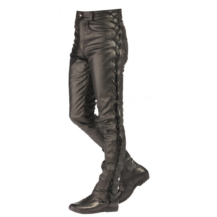 Roleff RO3 - Klassische, schwarze Schnürlederjeans aus echtem Rindsleder