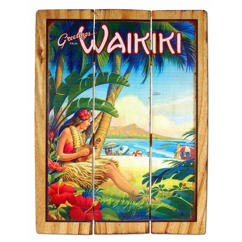 Seestern Sportswear Seestern Deko Holz Wandbild im Vintage Sixties Surf Look 50 x 80 cm Waikiki Motiv /1836
