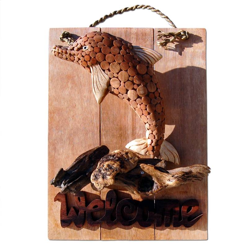 Seestern Sportswear Seestern Deko Teak Holz Haustür Tür Schild Welcome mit Delfin Motiv 40 x 30 cm /1616