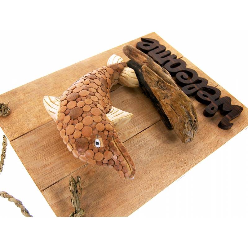 Seestern Sportswear Seestern Deko Teak Holz Haustür Tür Schild Welcome mit Delfin Motiv 40 x 30 cm /1616 Auslauf