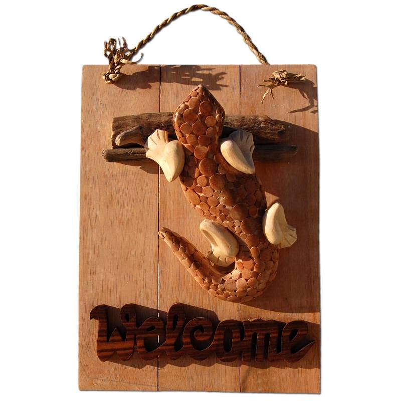 Seestern Sportswear Seestern Deko Teak Holz Haustür Tür Schild Welcome mit Gecko Motiv 40 x 30 cm /1614