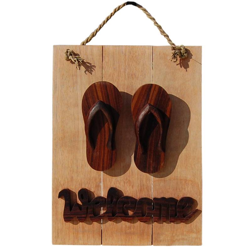Seestern Sportswear Seestern Deko Teak Holz Haustür Tür Schild Welcome mit Sandalen Motiv 40 x 30cm /1612