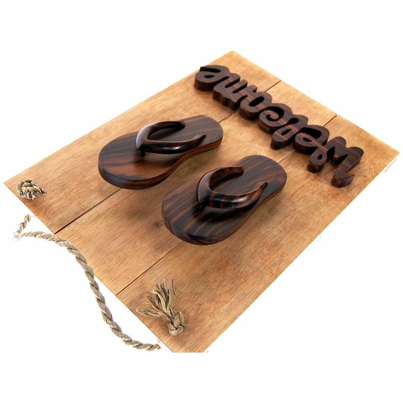 Seestern Sportswear Seestern Deko Teak Holz Haustür Tür Schild Welcome mit Sandalen Motiv 40 x 30cm /1612 Angebote