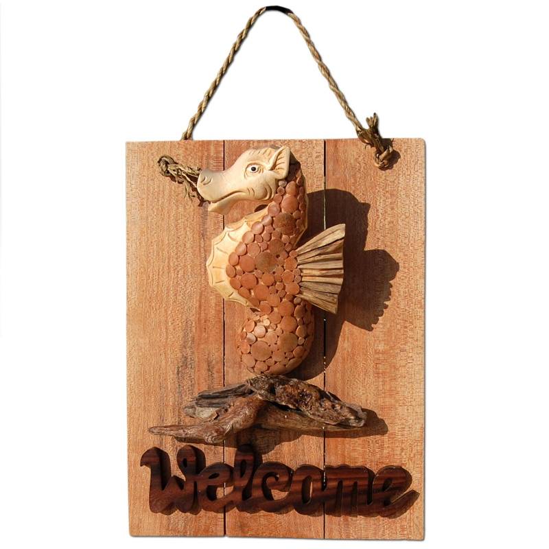 Seestern Sportswear Seestern Deko Teak Holz Haustür Tür Schild Welcome Seepferdchen Motiv 40 x 30cm /1615