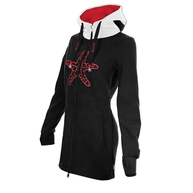 Seestern Sportswear SEESTERN Damen Kapuzen Fleecejacke 2WegeZipper Fleecemantel Fleece Sweatj.XS-4XL /1826.bk_rd_wt Auslauf