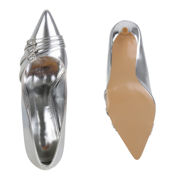 Stiefelparadies Damen Spitze Pumps in Silber Schlussverkauf