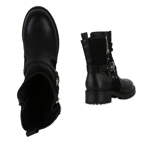 Stiefelparadies Damen Biker Boots in Schwarz Günstiger Verkauf