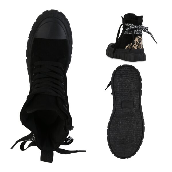 Stiefelparadies Damen Plateau Sneaker in Schwarz Leo Online