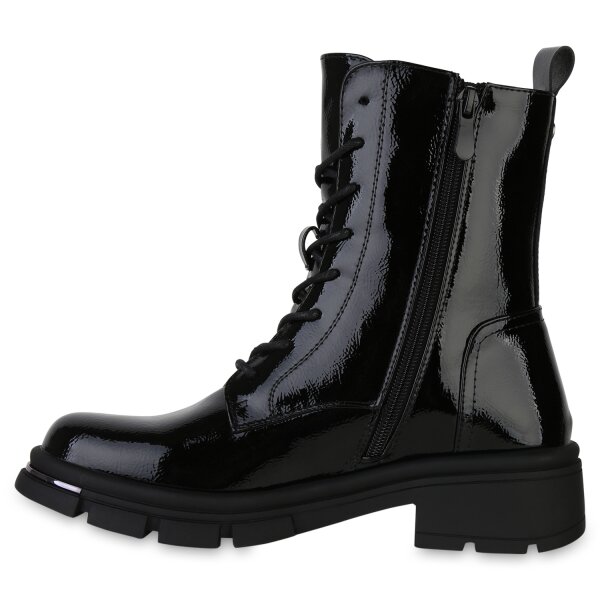 Stiefelparadies Damen Schnürstiefeletten in Schwarz Lack