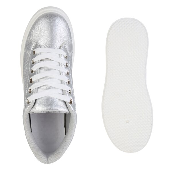 Stiefelparadies Damen Plateau Sneaker in Silber Outlet