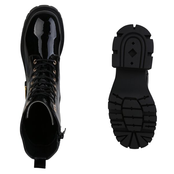 Stiefelparadies Damen Plateau Boots in Schwarz Lack Schlussverkauf