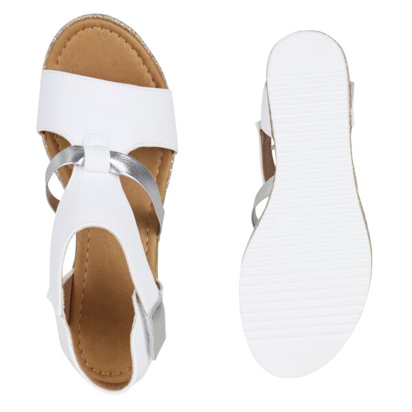 Stiefelparadies Damen Keilsandaletten in Weiss Silber Metallic Outlet