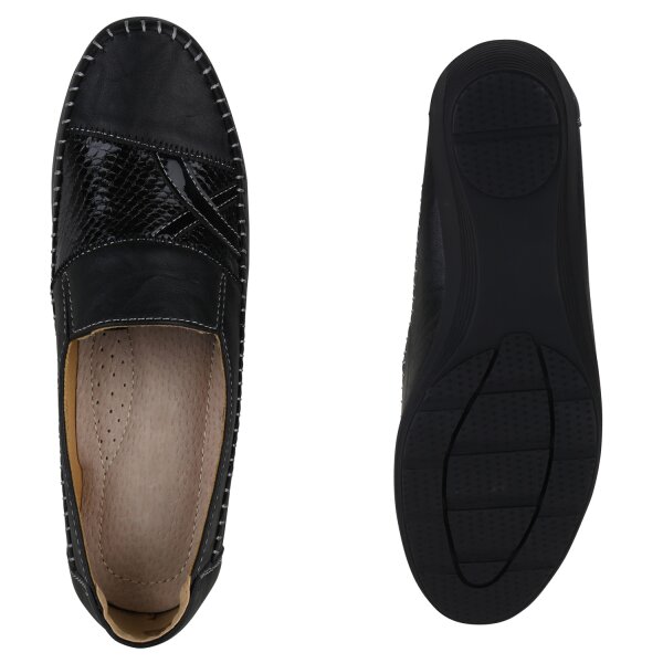 Stiefelparadies Damen Keilslippers in Schwarz Lack Verkauf
