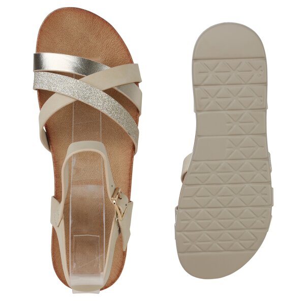 Stiefelparadies Damen Komfort Sandalen in Beige Metallic Verkauf