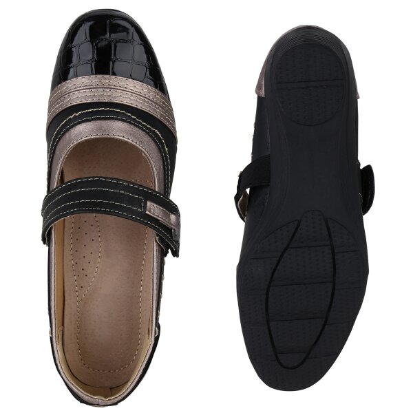 Stiefelparadies Damen Mary Janes in Schwarz Grau Lack Metallic Outlet