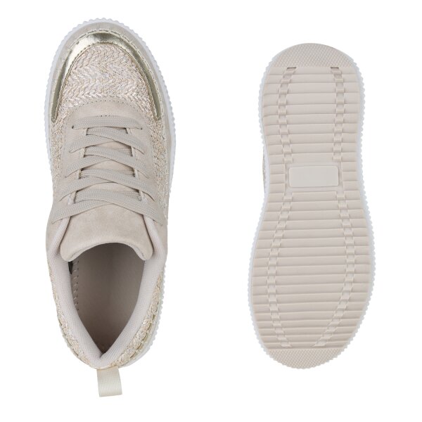 Stiefelparadies Damen Plateau Sneaker in Beige Metallic Verkauf