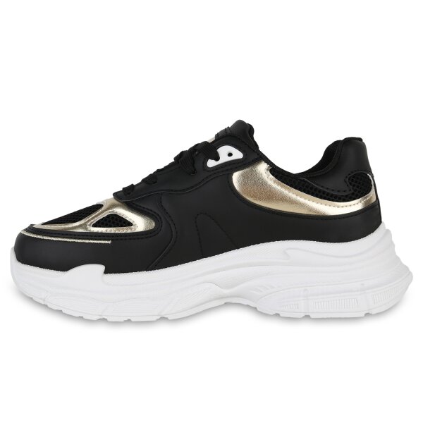 Stiefelparadies Damen Plateau Sneaker in Schwarz Gold Metallic