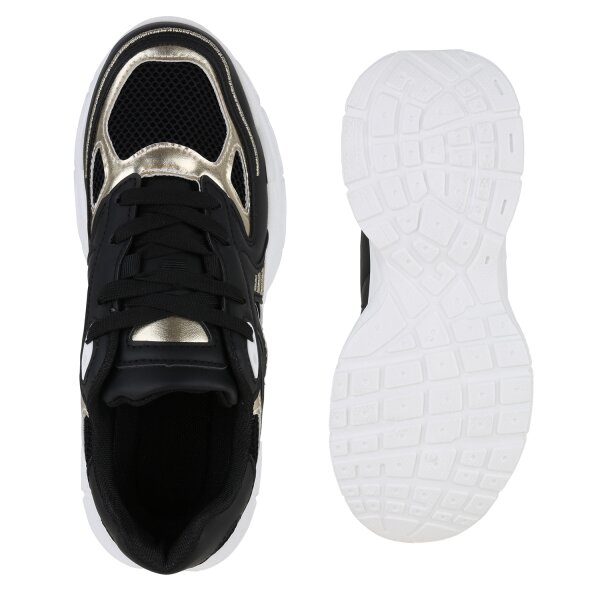 Stiefelparadies Damen Plateau Sneaker in Schwarz Gold Metallic Blitzverkäufe