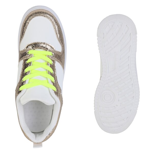 Stiefelparadies Damen Plateau Sneaker in Weiss Gold Snake Outlet