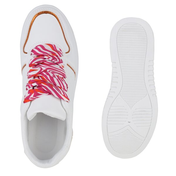 Stiefelparadies Damen Plateau Sneaker in Weiss Orange Metallic Auslauf