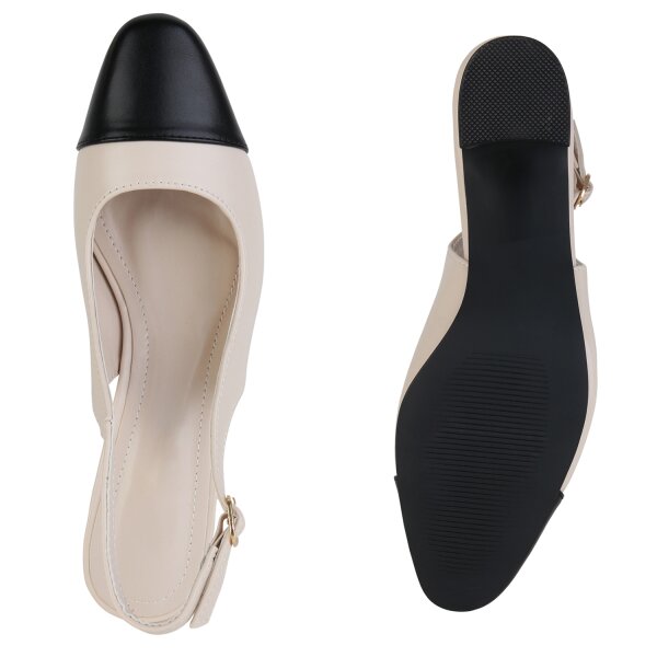 Stiefelparadies Damen Slingpumps in Beige Schwarz Auslauf