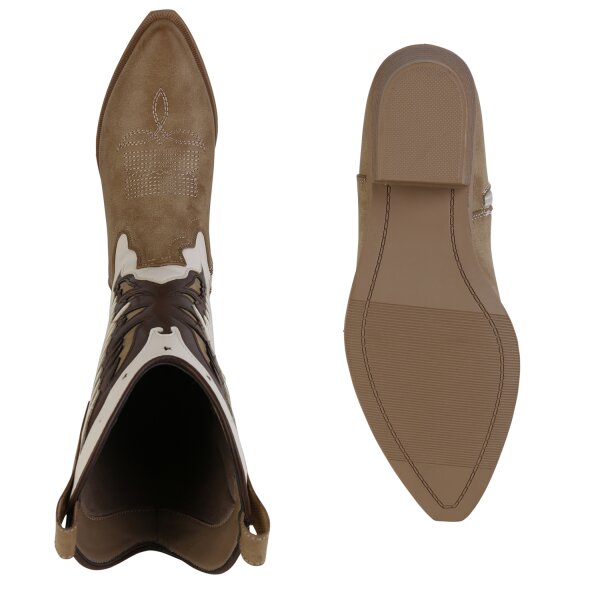 Stiefelparadies Damen Cowboystiefel in Khaki Beige Versandkostenfrei