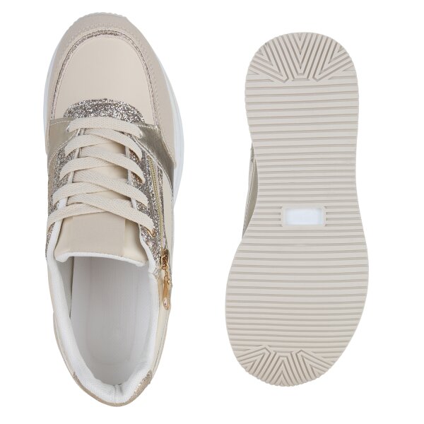 Stiefelparadies Damen Plateau Sneaker in Beige Gold Metallic im Angebot