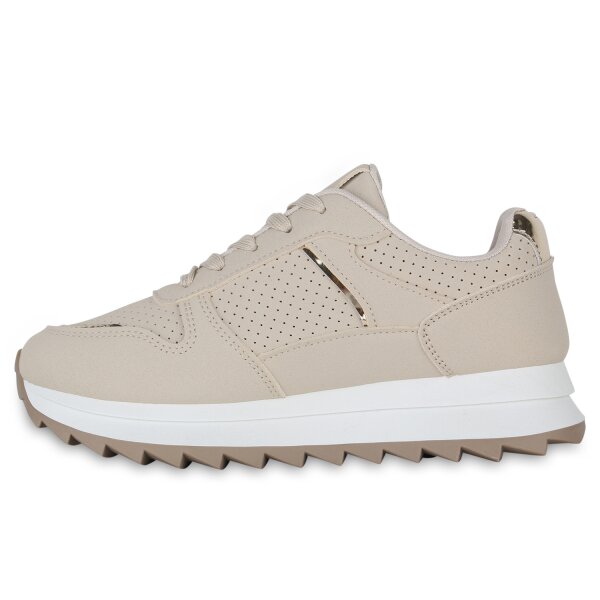 Stiefelparadies Damen Plateau Sneaker in Beige Gold Metallic Schlussverkauf