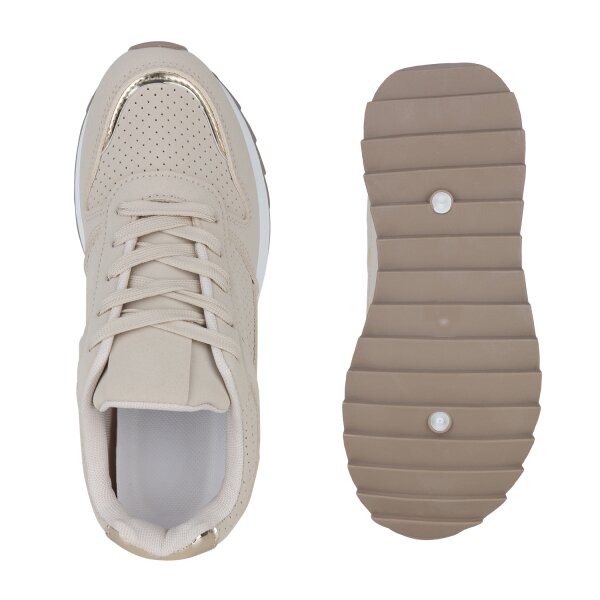 Stiefelparadies Damen Plateau Sneaker in Beige Gold Metallic Schlussverkauf