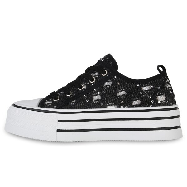 Stiefelparadies Damen Plateau Sneaker in Schwarz Denim Fabrikpreis