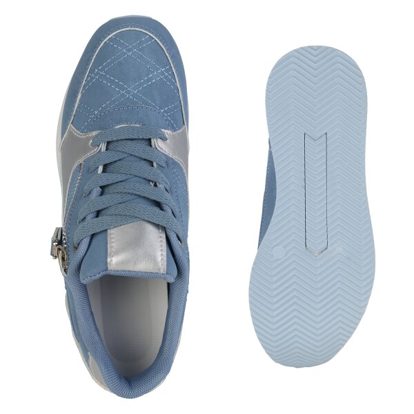 Stiefelparadies Damen Sneaker Wedges in Blau Silber Metallic Wochenangebot