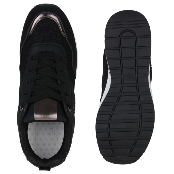 Stiefelparadies Damen Sneaker Wedges in Schwarz Grau Metallic Kostenlose Rückgabe
