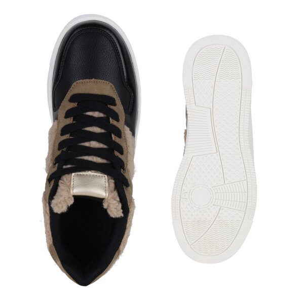 Stiefelparadies Damen Plateau Sneaker in Schwarz Beige Gold Metallic Riesige Rabatte