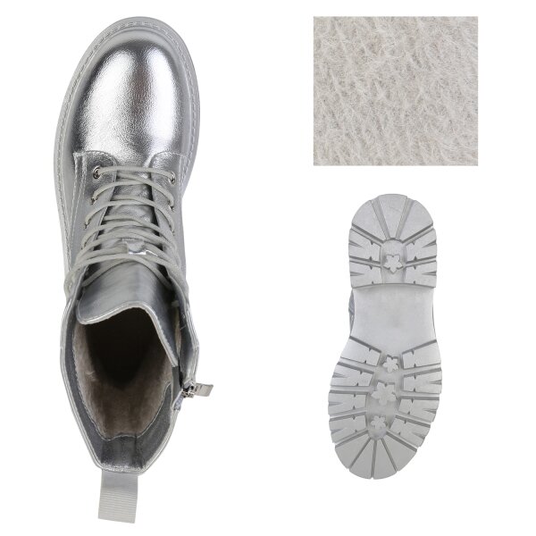 Stiefelparadies Damen Plateau Boots in Silber Auslauf
