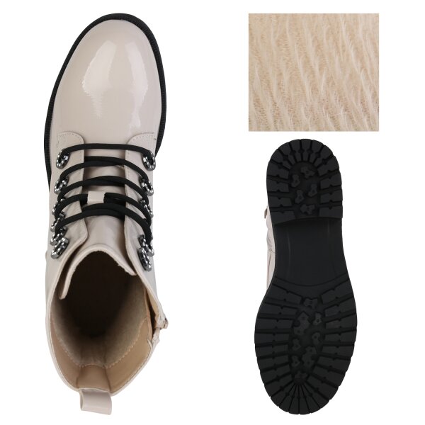 Stiefelparadies Damen Schnürstiefeletten in Beige Lack Letzte 3 Tage