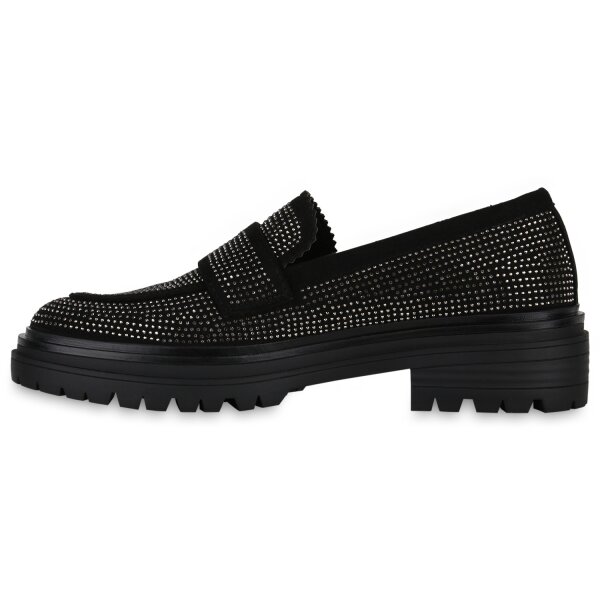 Stiefelparadies Damen Klassische Slippers in Schwarz Velours