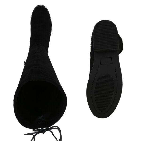 Stiefelparadies Damen Klassische Stiefel in Schwarz Velours 50% Rabatt für begrenzte Zeit