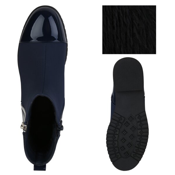 Stiefelparadies Damen Klassische Stiefeletten in Dunkelblau Lack Schlussverkauf