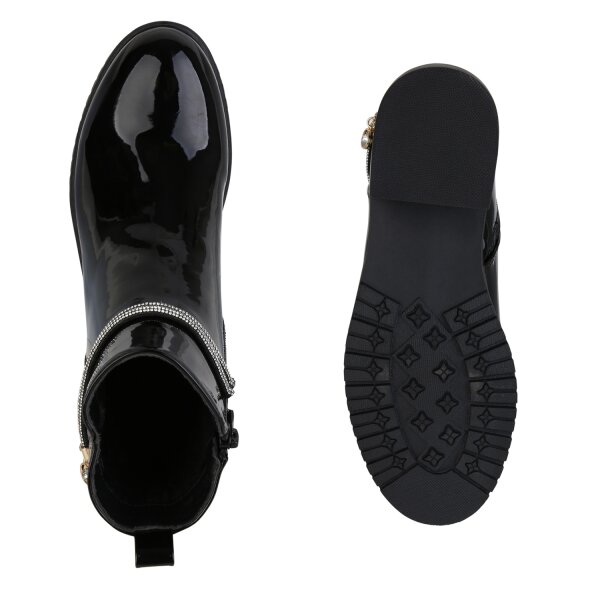 Stiefelparadies Damen Klassische Stiefeletten in Schwarz PU Lack Meist gekauft
