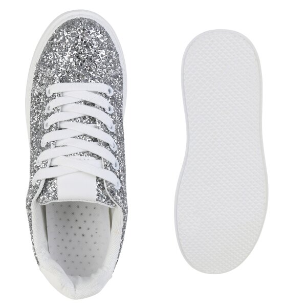 Stiefelparadies Damen Plateau Sneaker in Silber Kostenloser Versand