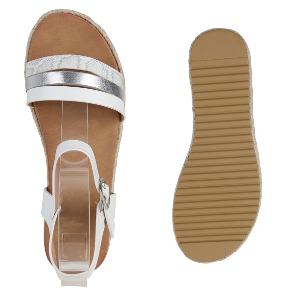 Stiefelparadies Damen Plateau Sandaletten in Weiss Silber Metallic Snake Neueste Mode