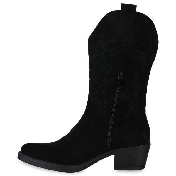 Stiefelparadies Damen Cowboystiefel in Schwarz Velours