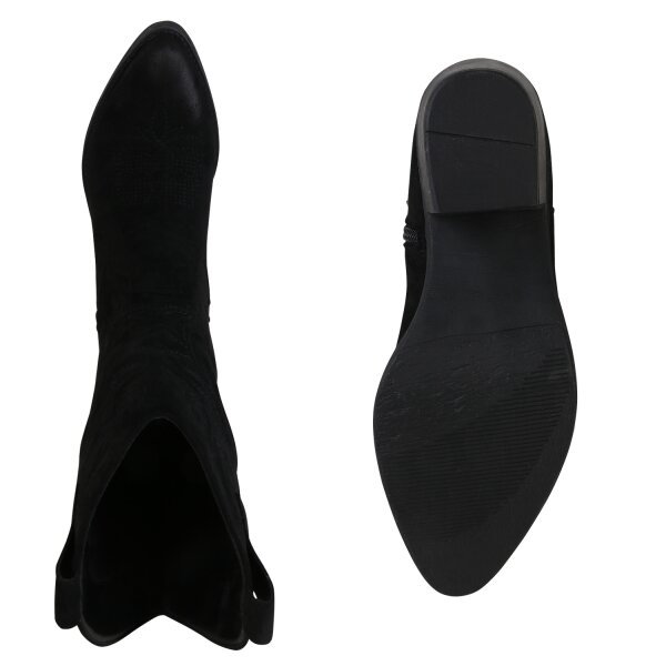 Stiefelparadies Damen Cowboystiefel in Schwarz Velours Tiefpreis