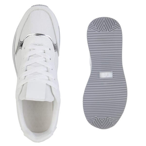Stiefelparadies Damen Plateau Sneaker in Weiss Silber Metallic Begrenztes Angebot