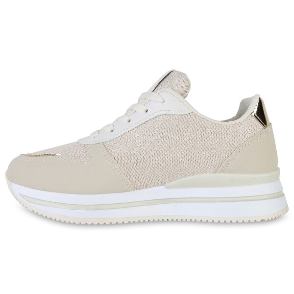 Stiefelparadies Damen Plateau Sneaker in Beige Gold Metallic Exklusive Angebote