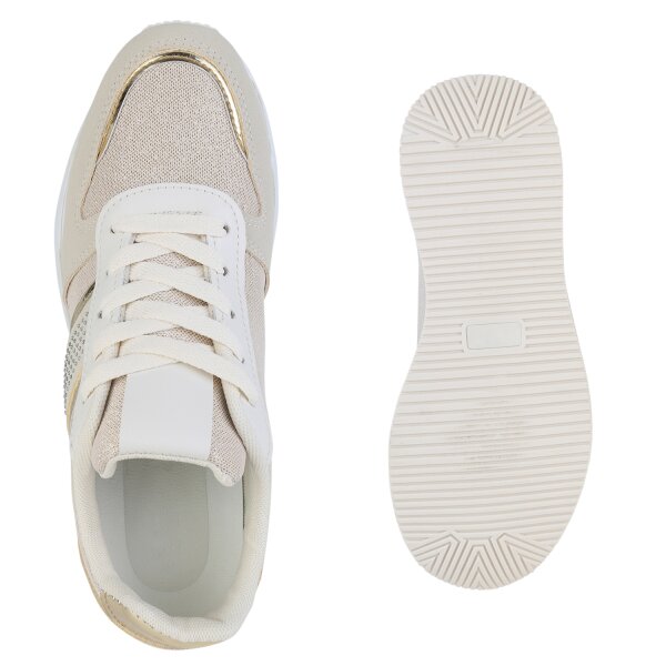 Stiefelparadies Damen Plateau Sneaker in Beige Gold Metallic Exklusive Angebote