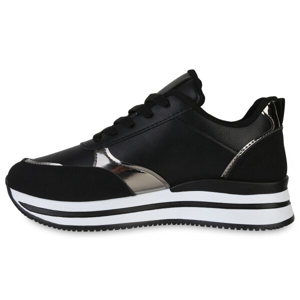 Stiefelparadies Damen Plateau Sneaker in Schwarz Silber Metallic Blitzangebot